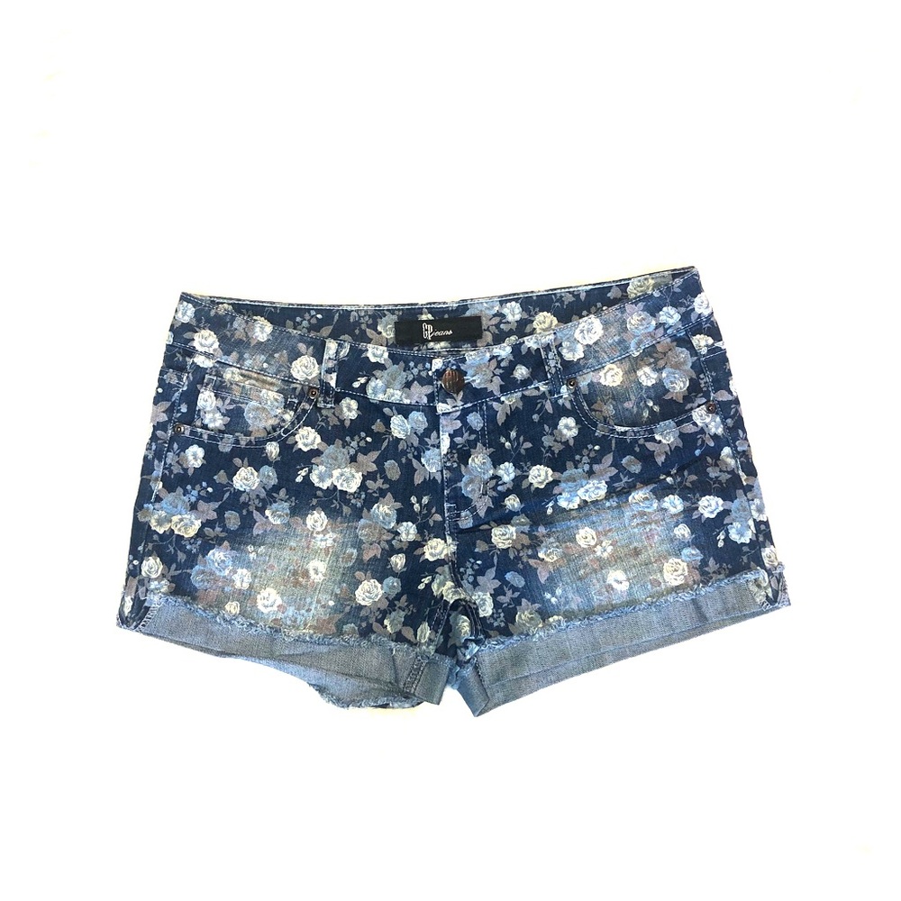 Floral Denim Shorts with Cuffed Trim